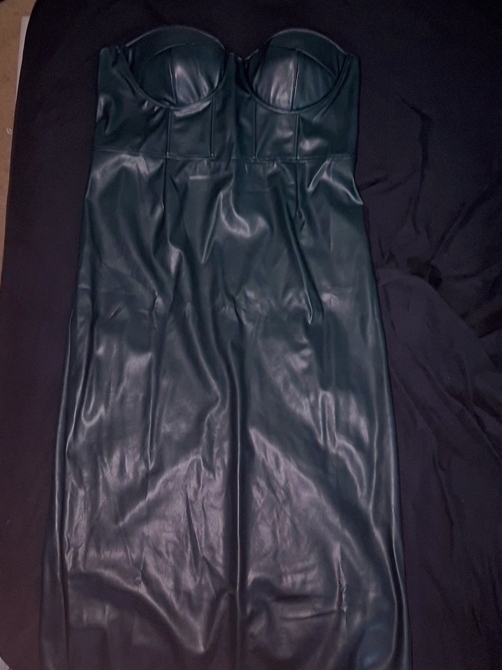Fashion Nova Strapless Bustier Dress in Dark Green Faux Leather